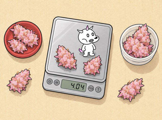 An illustrated scene shows pink flowers being weighed on a digital scale displaying '4.04', with a small white dog character drawn on the scale's surface.