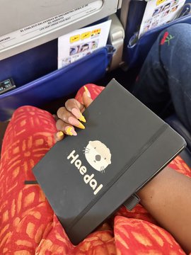 A person with brightly colored nails holds a small black notebook branded with the word 'Idealog' while seated on what appears to be public transit.