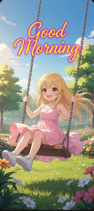 An anime-style illustration of a cheerful blonde girl in a pink dress swinging on a swing in a flower-filled meadow, with stylized 'Good Morning' text in pink and yellow at the top.