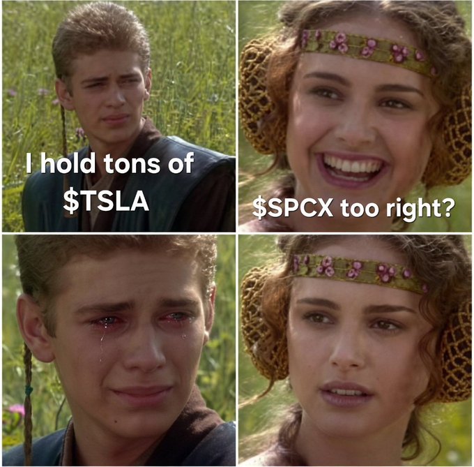 The image shows four different photos of a man with a sad expression, accompanied by text that reads "I hold tons of $SPCX too right?". The first photo features the man's face, while the other three show his surroundings or another person in the background. The text is written in white and is located at the bottom of the image.