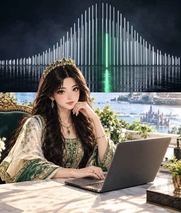 An anime-style illustration shows a woman wearing a green and gold crown and dress, working on a laptop with an audio waveform visualization in the background.