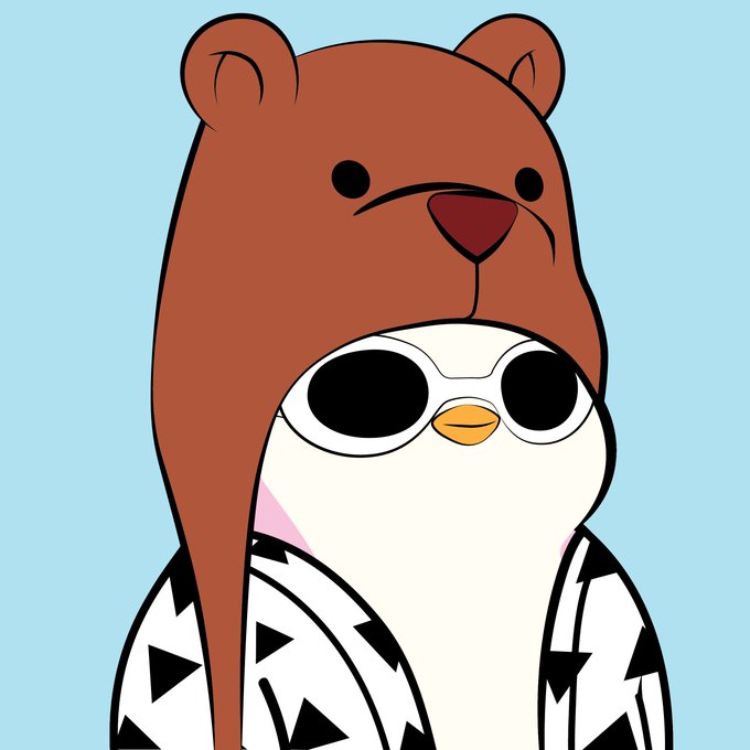 A cartoon penguin wearing sunglasses and a brown bear-shaped hat against a light blue background.