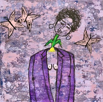 A mixed-media illustration of a woman in a purple blazer with stars and origami birds against a textured pink and blue background.