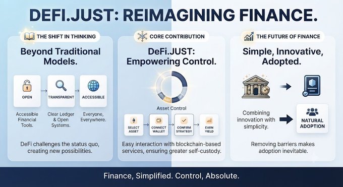 An infographic titled 'DeFi.Just: Reimagining Finance' with three columns explaining 'Beyond Traditional Models' (Open, Transparent, Accessible), 'DeFi.Just: Empowering Control' (Asset Control), and 'The Future of Finance' (Simple, Innovative, Adopted).