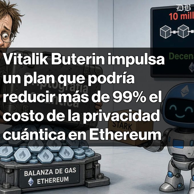 Spanish-language crypto news graphic featuring a cartoon man, an Ethereum robot, and text reading 'Vitalik Buterin impulsa un plan que podría reducir más de 99% el costo de la privacidad cuántica en Ethereum' alongside a 'BALANZA DE GAS ETHEREUM' scale.