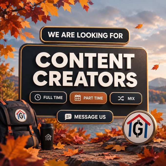 A promotional graphic for hiring 'CONTENT CREATORS' featuring Full Time, Part Time, and Mix options, a 'MESSAGE US' button, and autumn leaves surrounding a backpack and branded items.