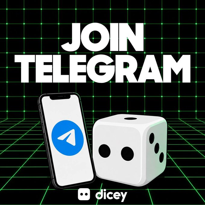 A promotional graphic features a smartphone displaying the Telegram logo alongside a large white die against a green retro grid background, with bold "JOIN TELEGRAM" text at the top and the "dicey" branding at the bottom, inviting users to join for exclusive rewards.