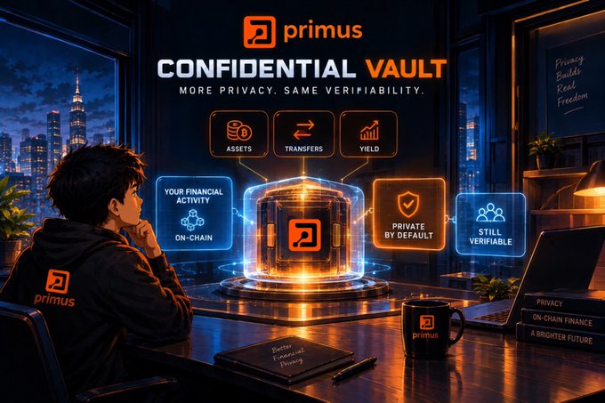 A promotional graphic for "primus CONFIDENTIAL VAULT" featuring an anime-style person looking at a glowing orange cube displaying the platform's logo and features like assets, transfers, yield, and on-chain privacy.