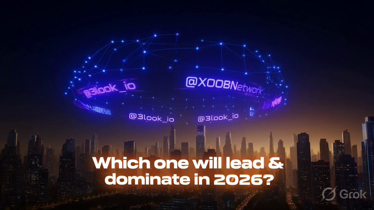 The image shows a city skyline at night with a large, glowing blue object hovering above it. The text overlaying the image reads "Which one will lead & dominate in 2026?"
