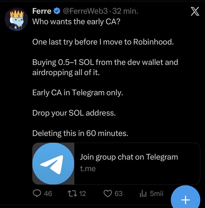 X (Twitter) post by 'Ferre @FerreWeb3' offering an early CA (contract address) on Telegram, stating they'll buy 0.5-1 SOL from the dev wallet for an airdrop, and deleting the post in 60 minutes.