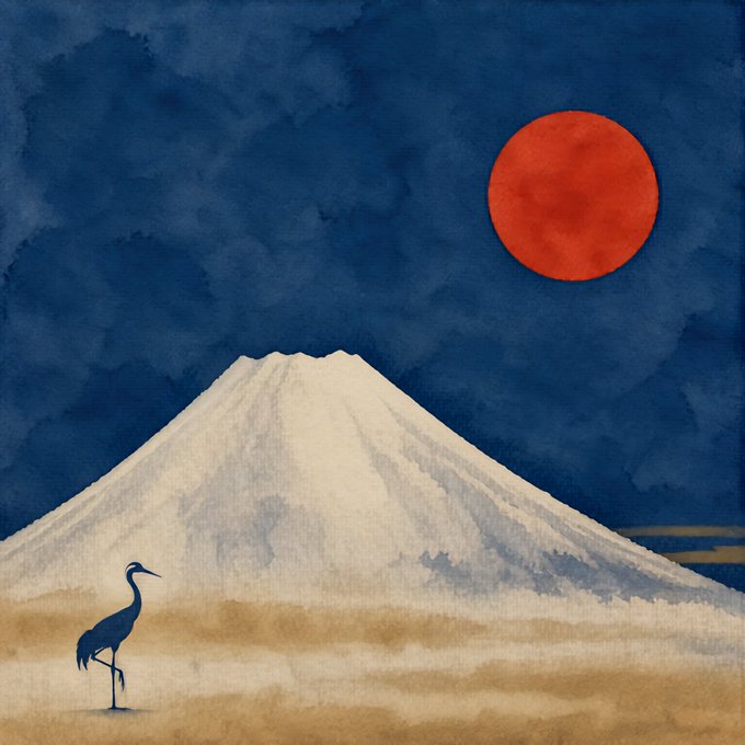 A watercolor painting depicts Mount Fuji beneath a red sun, with a heron standing in the foreground.