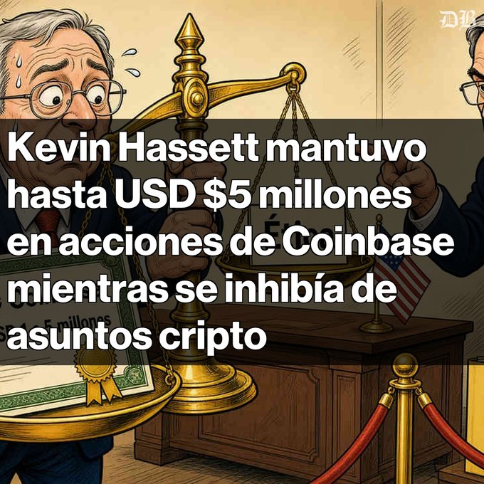 A cartoon illustration of a nervous man in a courtroom setting overlaid with the Spanish text 'Kevin Hassett mantuvo hasta USD $5 millones en acciones de Coinbase mientras se inhibía de asuntos cripto'.