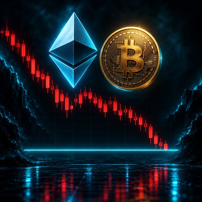 A stylized financial graphic shows a glowing blue Ethereum diamond and a gold Bitcoin coin above a red downward candlestick chart, with dark rocky surroundings and a reflective floor.
