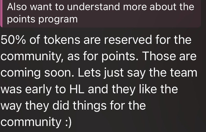 The image features a text box with an explanation of the points program, where the first sentence explains that 50% of tokens are reserved for the community, as they are for points. The second part of the text further describes these tokens coming soon, stating that they were early to Hl and they like the team for their approach in handling this situation.