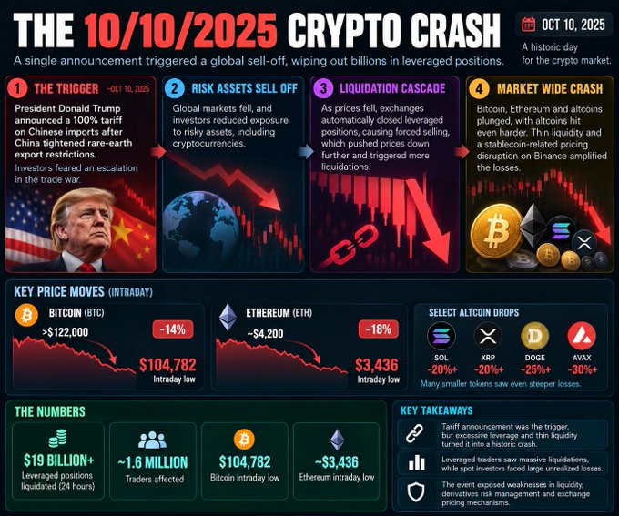 An infographic titled "THE 10/10/2025 CRYPTO CRASH" details a market crash triggered by President Donald Trump, showing Bitcoin dropping 14% to an intraday low of $104,782 and Ethereum dropping 18% to $3,436, resulting in $19 billion in liquidated positions.