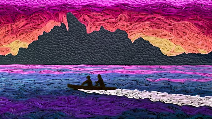 Stylized digital artwork depicting the silhouettes of two people in a canoe on water, set against a vibrant pink, orange, and purple sky with dark mountains.