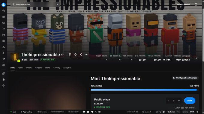 A screenshot of OpenSea showing an NFT collection called 'TheImpressionable' with a mint price of $132.90, where 980 out of 999 items are minted.