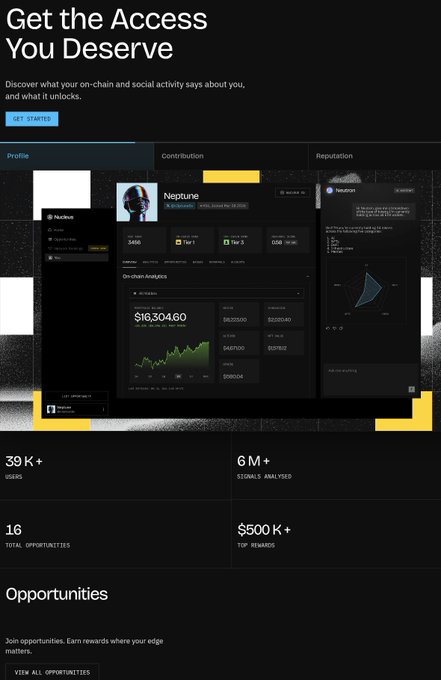 A landing page screenshot for a platform with the headline 'Get the Access You Deserve,' showing on-chain analytics for user 'Neptune' with $16,30460 holdings, statistics including 39K+ users, 6M+ signals analyzed, and 16 total opportunities.