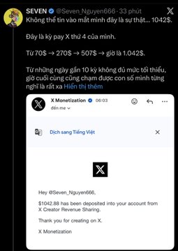 Screenshot of a Twitter/X post by SEVEN (@Seven_Nguyen666) in Vietnamese about receiving a payment of $1042.68 from X Monetization, showing a transaction confirmation.