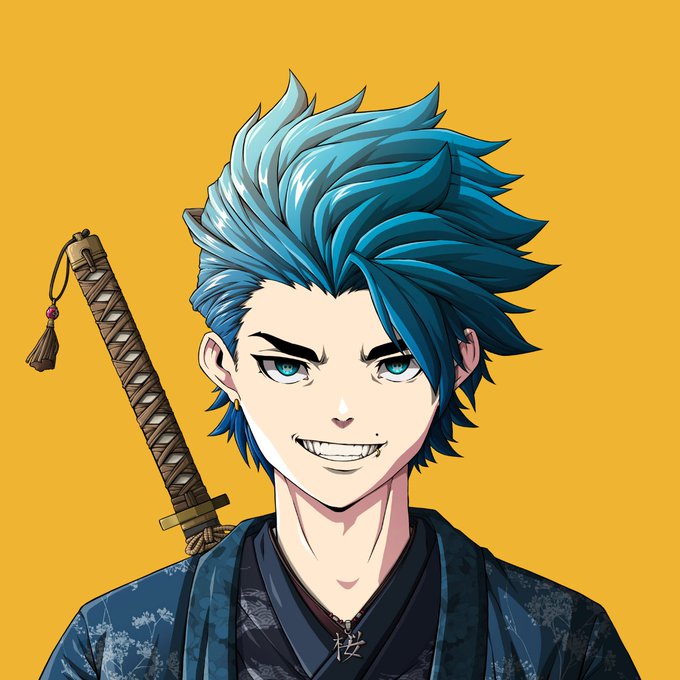 An anime-style illustration of a young man with spiky blue hair, teal eyes, and a confident grin, with a katana strapped to his back, set against a solid orange background.