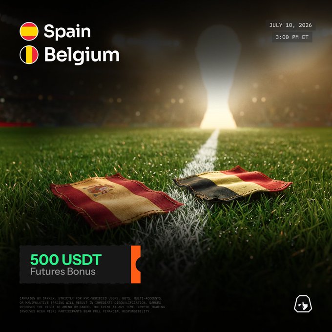 A promotional graphic for a Darkex World Cup prediction contest featuring Spain vs. Belgium on July 10, 2026, at 3:00 PM ET, showcasing both nations' flags laid on a soccer field with a glowing trophy silhouette in the background, and offering a 500 USDT Futures Bonus for predicting the exact score.
