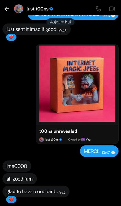 A Telegram conversation with 'just t00ns' sharing an 'INTERNET MAGIC JPEGS' NFT labeled 't00ns unrevealed' with messages including 'just sent it lmao if good' and 'glad to have u onboard'.