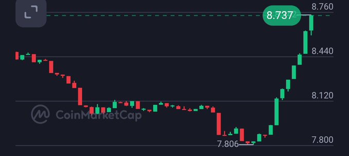 A CoinMarketCap candlestick chart showing a price recovery from a low of 7.806 to a high of 8.760 (current price 8.737).