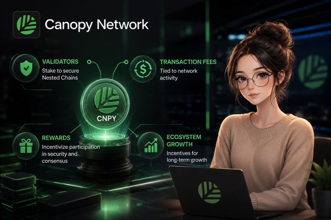 A woman with glasses works on a Canopy Network-branded laptop beside a glowing CNPY token hologram, with infographic elements highlighting the project's core pillars: Validators (stake to secure Nested Chains), Transaction Fees (tied to network activity), Rewards (incentivize participation in security and consensus), and Ecosystem Growth (incentives for long-term growth). The visual reinforces the post's focus on $CNPY token utility and the validator-driven security model.
