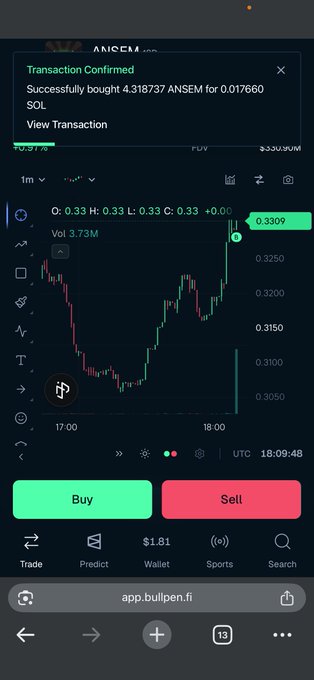 A Bullpen.fi trading interface shows a "Transaction Confirmed" notification for purchasing 4.318737 ANSEM at 0.017660 SOL, displayed over a candlestick price chart of ANSEM with a current value of $0.3309 and trading volume of 3.73M. The image visually confirms the post's claim of loading a position in the $ANSEM memecoin, while showcasing the asset's price action and the platform where the transaction was executed.