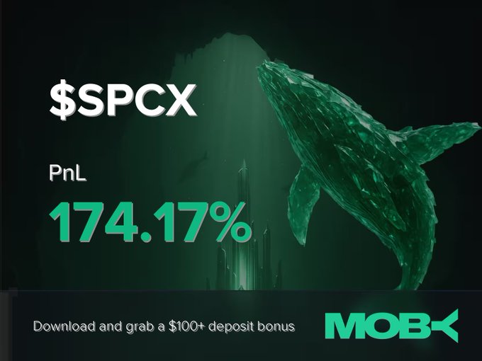 The image is an advertisement for a cryptocurrency exchange called "SPCX". The advertisement features a close-up of a shark's head, with its body depicted as a green blob against a dark background. Below the shark's head, there are two pieces of text: "$SPCX" and "$PnL", which indicate the price and trading volume, respectively. The overall image has a cool color scheme that complements the shark's outline. On the right side of the advertisement, there is an animated graphic representing a coin being used by a trader to buy something on the exchange, symbolizing the actual process of purchasing cryptocurrency.