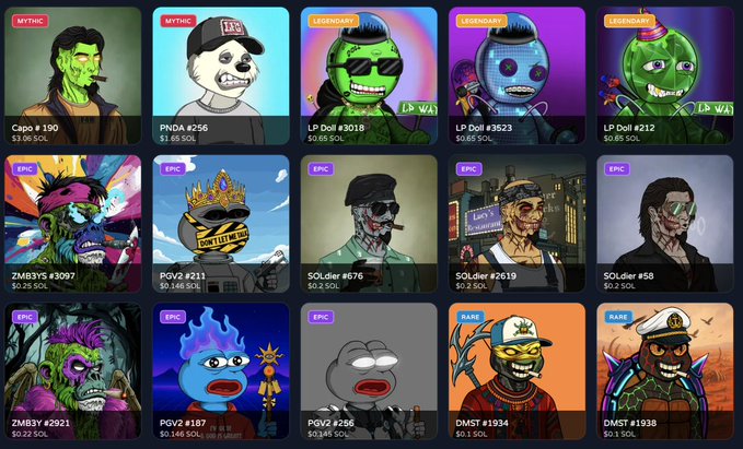 A marketplace grid displaying various NFTs labeled 'Capo #190', 'PNDA #256', 'LP Doll' series, 'ZMB3Y' series, 'PGVZ' series, 'SOLDIer' series, and 'DMST' series, with SOL price tags.