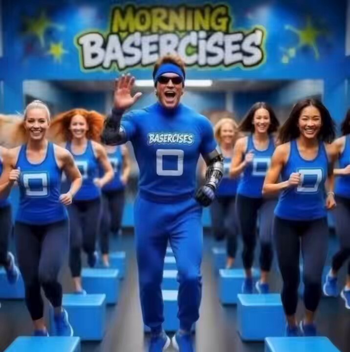 The image features a man dressed as a character from the movie "Basebreakers" who is running through an exercise class with other people wearing blue shirts, likely representing their favorite characters or teams. The group appears to be having fun while exercising together.