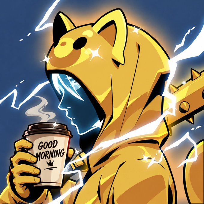 An anime-style illustration of a character in a yellow Shiba Inu hoodie holding a steaming coffee cup labeled 'GOOD MORNING', surrounded by lightning effects.