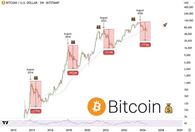 A weekly Bitcoin/USD (BTC/USD) chart from Bitstamp spanning 2012-2030 highlights four major August peaks (2014, 2018, 2022, and 2026) followed by significant declines of -87.07%, -84.24%, -77.79%, and -77.36% respectively, visually supporting the post's claim that August historically marks the turning point before major bear market plunges.