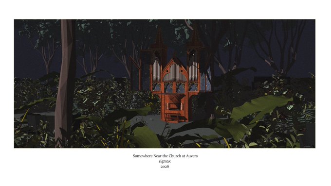 A digital artwork titled "Somewhere Near the Church at Auvers" by Sigmax (2026), showing a stylized Gothic church illuminated against a dark night sky, framed by dense foliage and trees. The piece is being shared as a new release on TransientLabs with a "gm" greeting, evoking a moody, atmospheric tribute to Van Gogh's Auvers-sur-Oise.