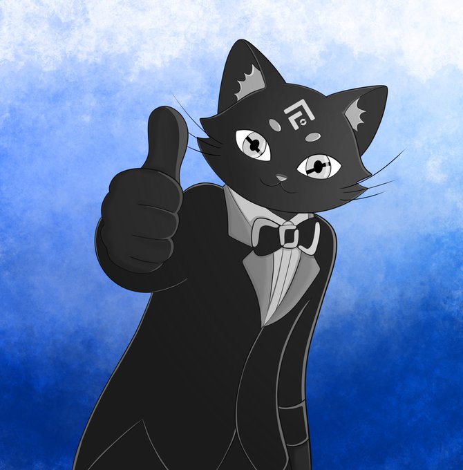 An illustration of a black cat character wearing a tuxedo with a bow tie, giving a thumbs up against a blue watercolor-style background.