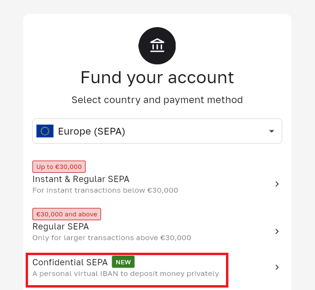 A "Confidential SEPA" funding option (marked NEW) is available on Bull Bitcoin's "Fund your account" page, offering a personal virtual IBAN in the user's name to deposit money privately. This feature allows users to fund their Bitcoin purchases via bank transfers without alerting their bank to the crypto transaction, as the wire appears as a payment between personal accounts.