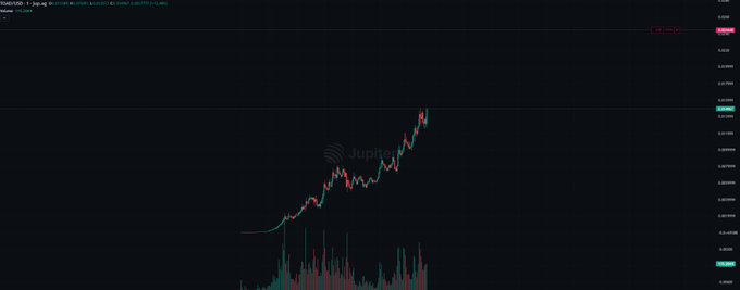 A candlestick chart of the $TOAD/USDT trading pair on Jupiter shows a steep upward price surge with a horizontal resistance line marked near 0.0000065, illustrating the dramatic rally referenced in the post.