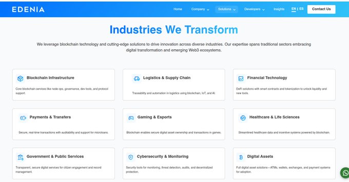 A screenshot of a web page for Edenia, a company that handles logistics and other services related to industry innovation technologies. The image shows various elements from the website, including a blue header, white text boxes containing information about the company's offerings, and several images related to their service areas. A green caption indicates that there is an additional item in this post called "@XPRNetwork" on social media or something like that.