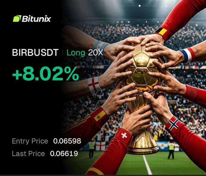 A promotional graphic from Bitunix featuring the BIRBUSDT token with a Long 20X position showing +8.02% profit, entry price of 0.06598 and last price of 0.06619, against a backdrop of multiple hands holding a golden soccer trophy with various country flags on the sleeves.