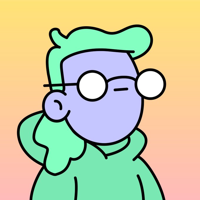 A cartoon illustration of a character with purple skin, round glasses, and green hair wearing a green hoodie against a gradient yellow-to-pink background.