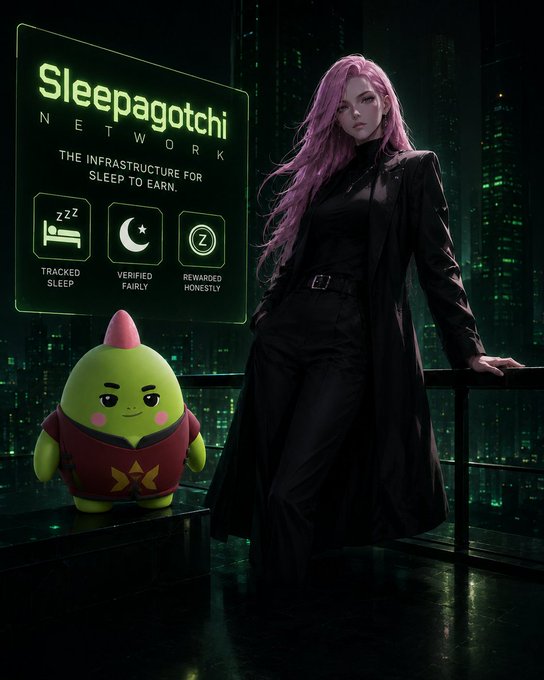 A digital artwork featuring a pink-haired anime-style woman in a black coat standing next to a green mascot, with a sign reading 'Sleepagotchi NETWORK - THE INFRASTRUCTURE FOR SLEEP TO EARN' displaying icons for 'TRACKED SLEEP', 'VERIFIED FAIRLY', and 'REWARDED HONESTLY'.