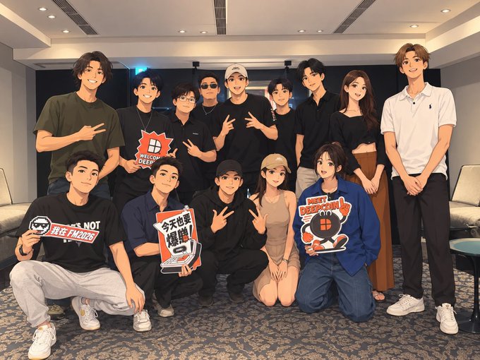 An illustrated group photo of young people posing together, some holding promotional signs with cartoon characters and Chinese text including 'MEET DEEDEE' and '今日也要爆爆'.