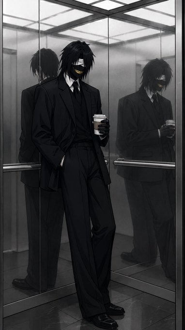 An anime-style illustration depicts a tall figure with long black hair covering their face, wearing a black suit and holding a coffee cup while standing in an elevator with mirrored walls.