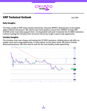 The image is a "Crypto WZRD - XRP Technical Outlook" report dated July 10th, featuring a daily candlestick chart of XRP/USD. The chart illustrates XRP's indecisive daily close near the $1.0700 level, highlighting the $1.1000 intraday chart resistance as a key trigger for a potential bounce, which aligns with the post's analysis.