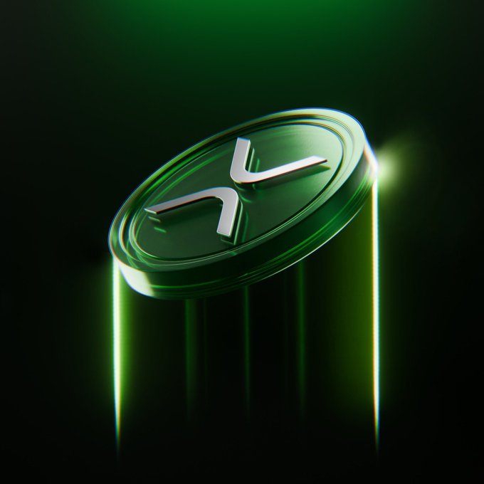 A 3D-rendered glowing green coin featuring the XRP (Ripple) cryptocurrency logo floats against a dark background.