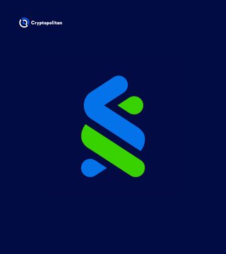 A Cryptopolitan logo featuring a stylized blue and green 'S' or dollar sign on a dark blue background.