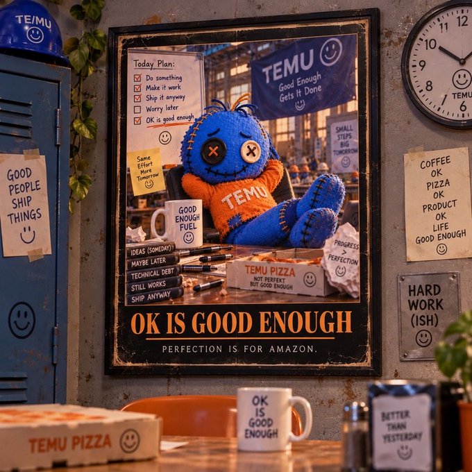 A cluttered motivational poster on a locker room wall features a blue stitched voodoo doll wearing an orange TEMU shirt, with text 'OK IS GOOD ENOUGH' and 'PERFECTION IS FOR AMAZON,' surrounded by lockers, a clock, and motivational notes.