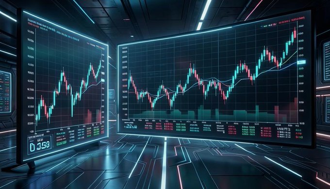 A stylized digital rendering of a futuristic trading room featuring multiple large curved monitors displaying red and green candlestick charts with financial data.