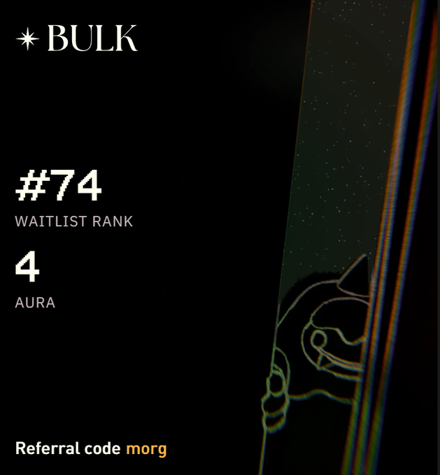 The image presents a poster featuring the word "aurum" written at the bottom of the poster, which may suggest that there's an event related to aura or some sort of cosmic energy. The main content of the poster includes two lines of text in white font stating "No aura? Use code 'morg' to start auramaxing and move up the @bulktrade mainnet waitlist early." This phrase seems to reference a specific coding system or method, possibly for categorizing and filtering experiences based on the sense of aura. The use of both "aurum" and "code's" suggests that there might be a connection between the sense of aura and something specific about code, such as the speed at which it operates within a virtual environment or how it affects user experience in some way.